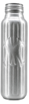 A brushed silver metal water bottle with a ribbed neck and a debossed New York Yankees logo on the front, isolated on a white background.