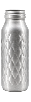 A brushed silver metal bottle with a diamond-patterned embossed texture on the body and a threaded screw cap, isolated on a white background.