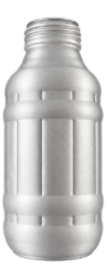 A silver metallic plastic bottle with a threaded neck and ribbed body, isolated on a white background.