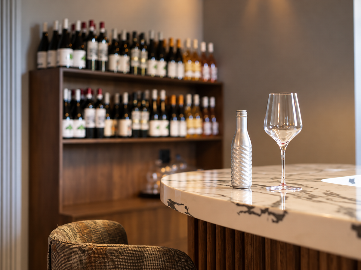 A wine glass and a textured aluminum bottle on a marble-topped bar counter, with a wooden wine rack filled with wine bottles in the softly blurred background.