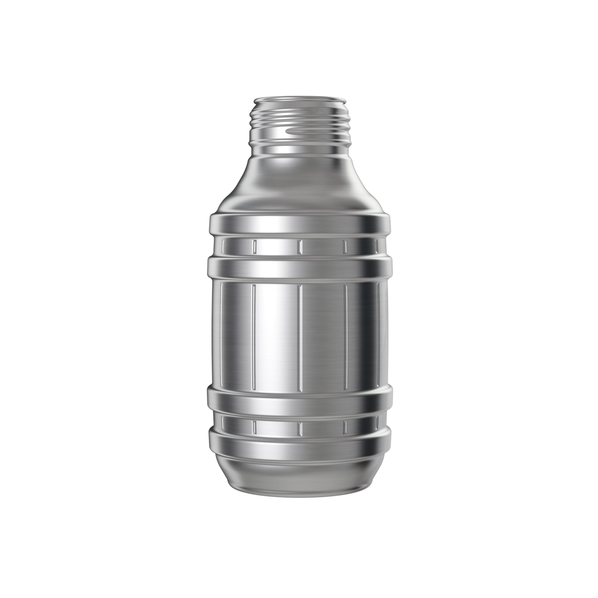 A brushed aluminum bottle in the shape of a barrel with a threaded neck, shown against a plain white background.