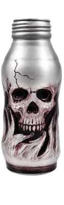 A silver metal bottle with a threaded neck, featuring a detailed graphic of a skull surrounded by dark, smoky flames on the front.