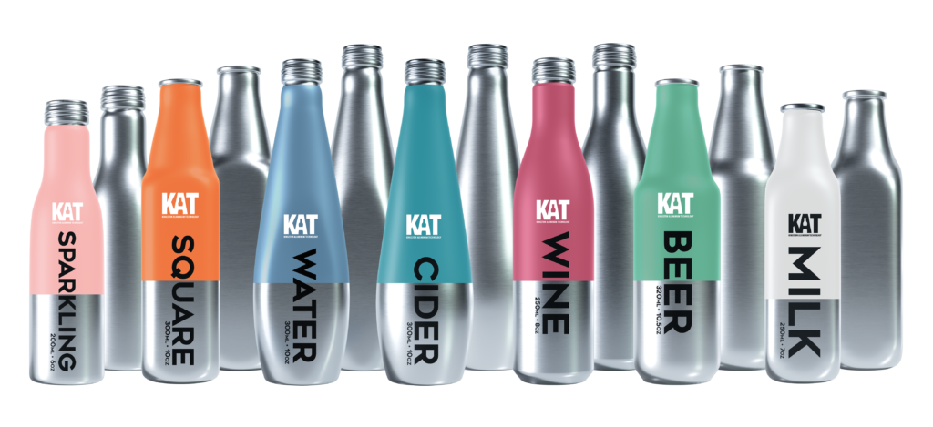 Aluminum beverage bottles in custom shapes for sparkling, water, cider, wine, and beer by KAT