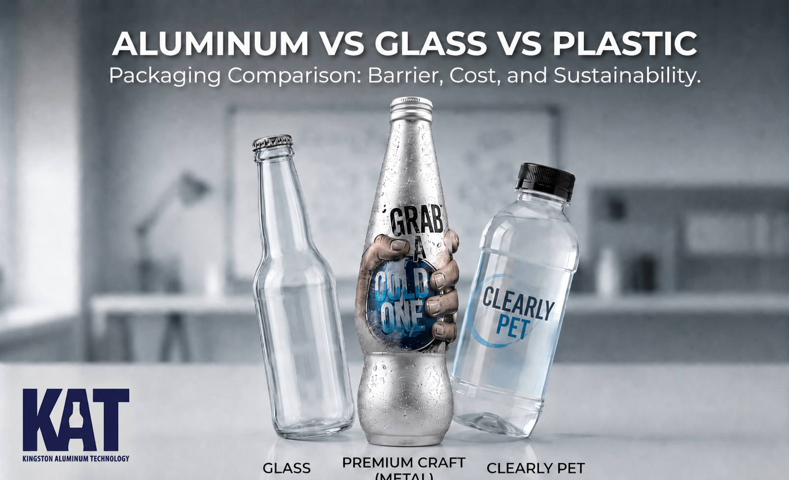 Aluminum vs glass vs plastic packaging — glass beer bottle, custom aluminum craft bottle, and PET plastic bottle side by side