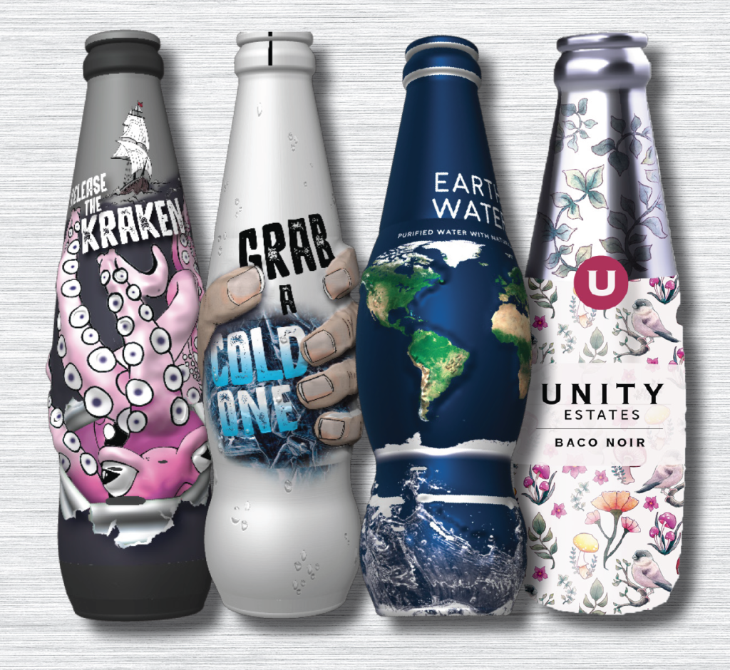 KAT custom aluminum bottles printed for Release the Kraken, Grab a Cold One, Earth Water, and Unity Estates Baco Noir Custom-shaped bottles from aluminum beverage bottle manufacturer Kingston Aluminum Technology (KAT), Canada