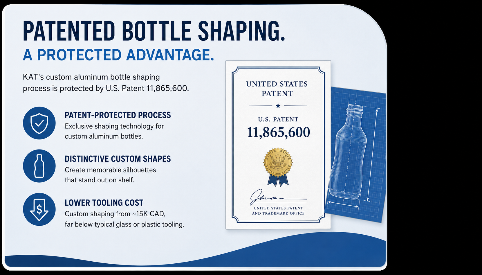 KAT patented aluminum bottle shaping process, protected by U.S. Patent 11,865,600, with lower tooling cost from 15K CAD